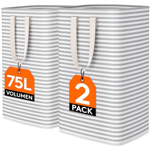 Image of Lifewit 2 Packs Freestanding Clothes Hamper with Carry Handles, Large Tall Laundry Basket for Organization for Adults in Laundry Room Dorm Bedroom, Gray, 2 x 75L