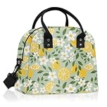 Clastyle Summer Women Lunch Box Bag Leaf Large Camping Adult Lunch Tote Insulated Cooler Bag for Office Work Picnic,Lemon Flower