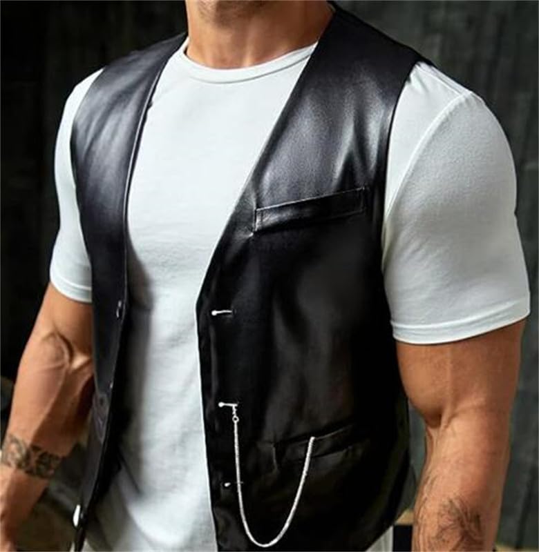 Gilet da Uomo in Pelle Nera PU Slim, Gilet di Colore Solido alla Moda e Casual