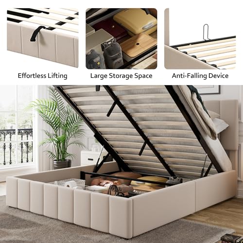Merax-Gas-Lift-Up-Storage-Platform-Bed-Upholstered-Bed-Frame-with-Hydraulic-Storage-System-and-Wooden-Slat-Support-Queen-Size-Beige