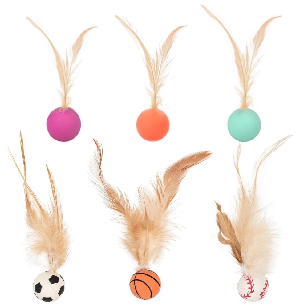 6Pcs Cat Toy Balls with Feather Interactive Feather Toy for Indoor Cats Bouncy Ball with Feather for Cats Indoor and Outdoor Play Interactionion (6-Color Mixture)