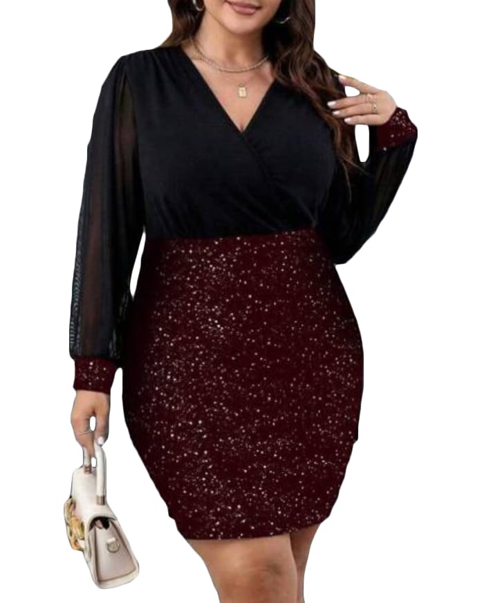 Image of RED DOT BOUTIQUE - 807 - Black Sheer Mesh Long Sleeves Club Sequins Dress Plus Size
