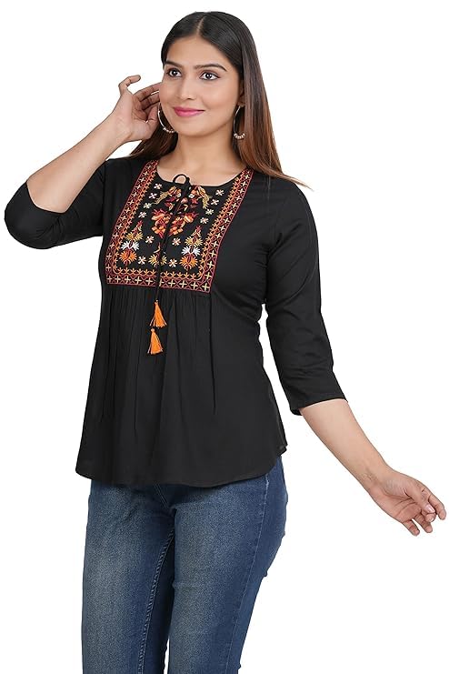 Image of Avayayat Short Kurti for Women | Embroidered Straight Rayon Kurta | Round Neck Full Sleeves Short Kurti for Women's