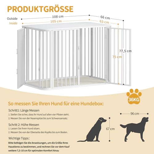Hzuaneri Hundekäfig Möbel, Indoor Hundebox mit Kissen, Modernes Dreitür-Design, Hochbelastbar Hundekäfige, Beistelltisch aus Holz, Geeignet für Große Hunde, 108 x 66 x 77,5 cm, Weiß DFC86713W