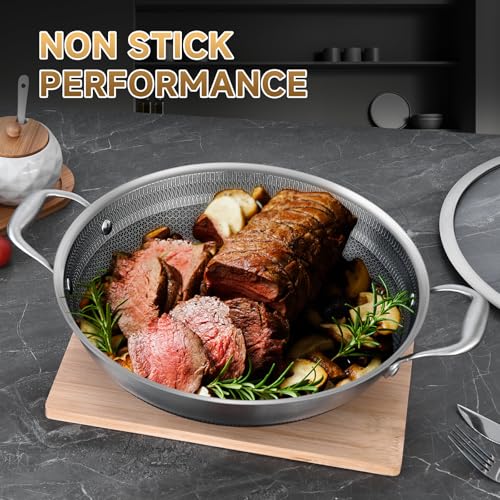 Image of LOLYKITCH Hybird Nonstick Wok Pan with Lid | 12-Inch | Rivented Handle | Non Toxic | Tri-Ply Stainless Steel | Ceramic Coating | Stir Fry Pan | Induction Compatible | Dishwasher & Oven Safe