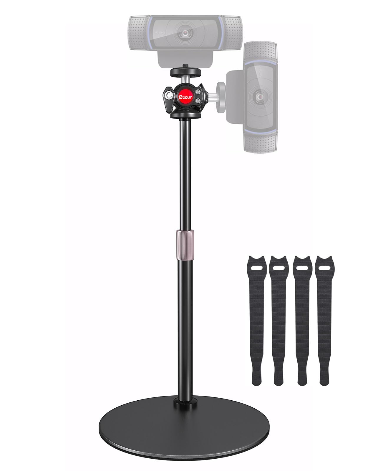 Webcam Stand for Desk, with 360° Ballhead, Heavy Base Height Adjustable Webcam Tripod for Logitech Webcam C922 C930e C920 C615 C960 C920x BRIO 4K NexiGo N60, Phone Mount, Gopro with 1/4" Thread