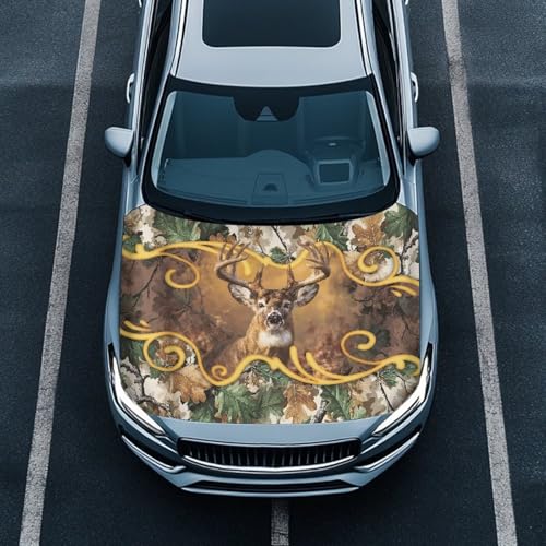 Image of Car Hood Cover All-Season Protection Deer Print Car Hood Cover Protector Stretch Polyester Fabric Covers Removable Automotive Accessories Ft Fits Most Cars