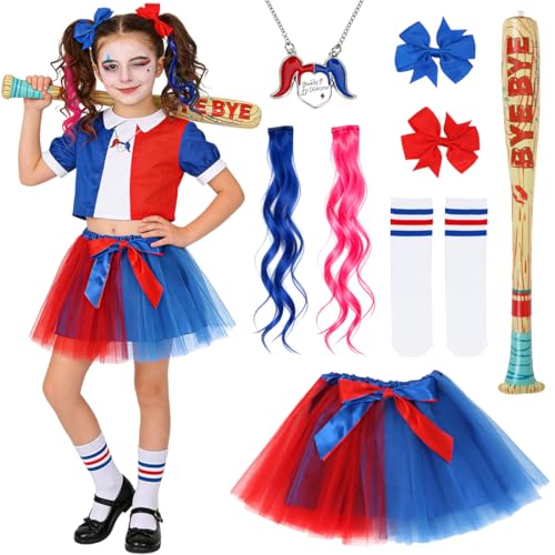 Disfraz de Carnaval para Niñas, Falda de Tul Azul y Roja con Diadema con Lazo, Collar, Calcetines, Peluca, Bate de Béisbol y Accesorios de Payaso para Carnaval, Halloween y Fiestas de Cosplay