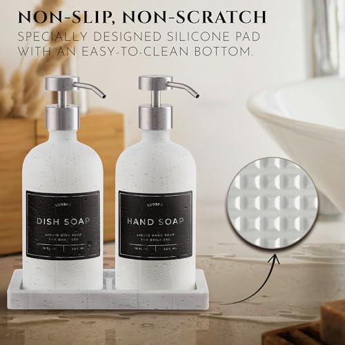 Glass Soap Dispenser Set of 2 (White) with Silicone Tray | Hand and Dish Soap Dispenser for Kitchen and Bathroom | 16.8 Oz Glass Bottles with Stainless Steel Pump & 15 Waterproof Labels (White/Silver) - image 3