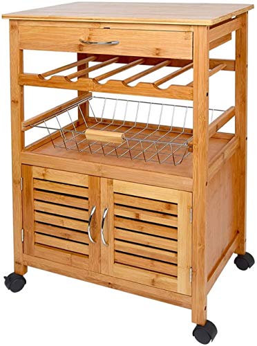 SZRWD Space-Saving Bamboo Kitchen Trolley Cart with Drawer Wire Basket Storage Cabinet & Wine Rack Utility