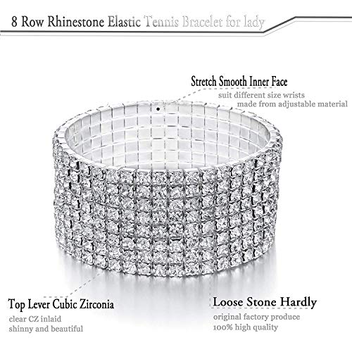 JEWMAY Yumei Jewelry 8 Strand Rhinestone Stretch Bracelet Silver-Tone Sparking Tennis Bracelet