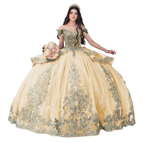 KPDFIF Puffy Tulle Beaded Quinceanera Dresses Ball Gowns with Bow Off Shoulder Tassels Dress with Train Sparkly Rhinestone Champagne Sweet 16 Dresses Size 0