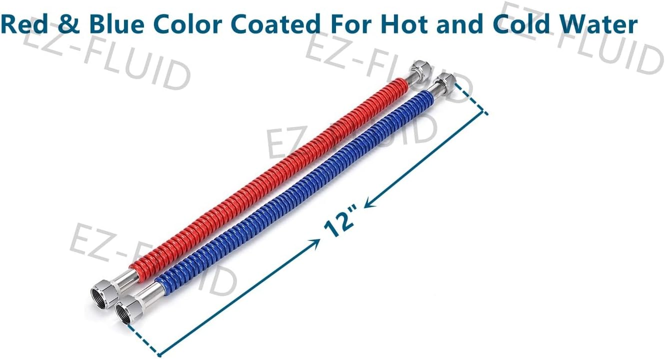 EZ-Fluid 12-Inch, 3/4-Inch FIP x 3/4-Inch FIP Corrugated Flexible Stainless Steel Water Heater Connector Supply Line Red/Blue,Hot & Cold for Female Iron Water Pipes Fitting (1Pair)