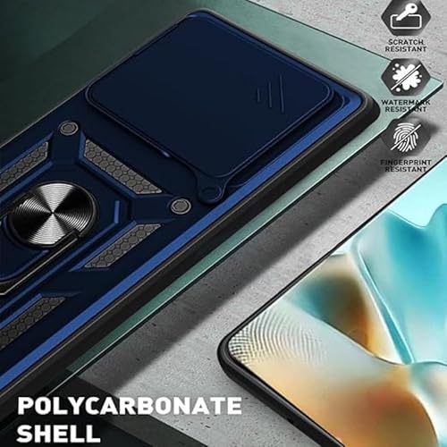 Image of Designerz hub Motorola Edge 60 Pro 5G Back Cover | Heavy Duty Hybrid Case with 360 Degree Rotating Finger Ring Holder + Slider Shutter Camera Protection Case for Motorola Edge 60 Pro 5G- Blue