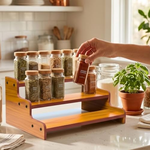 Image of SAFAK 3-Tier Kitchen Spice Rack, 13.9.6 Inch Wood Step Shelf Countertop Spice Storage Holder, Kitchen Pantry Cabinet Organizer Cupboard for Spice Bottles, Jars, Seasonings, Baking Supplies, rack