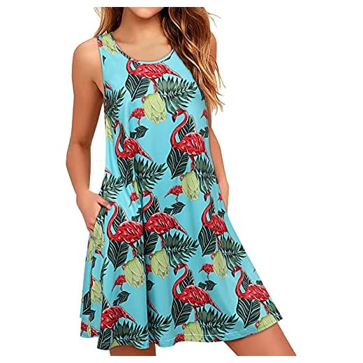 Enmain Ärmlösa sommarklänningar för dam gunga blommig strand solklänning ledig lös t-shirt klänning med fickor, Flamingo, L