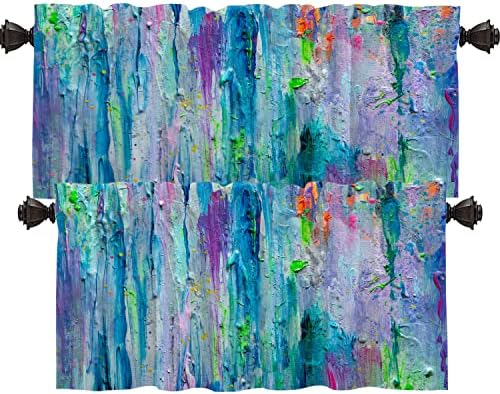 Shrahala Abstract Colorful Kitchen Valances Half Window Curtain, Blue Artistic Modern Abstract Painting Fine Colorful Brush Kitchen Valance for Window Ink Printing Valance for Decor 52x18 inch(2pcs)