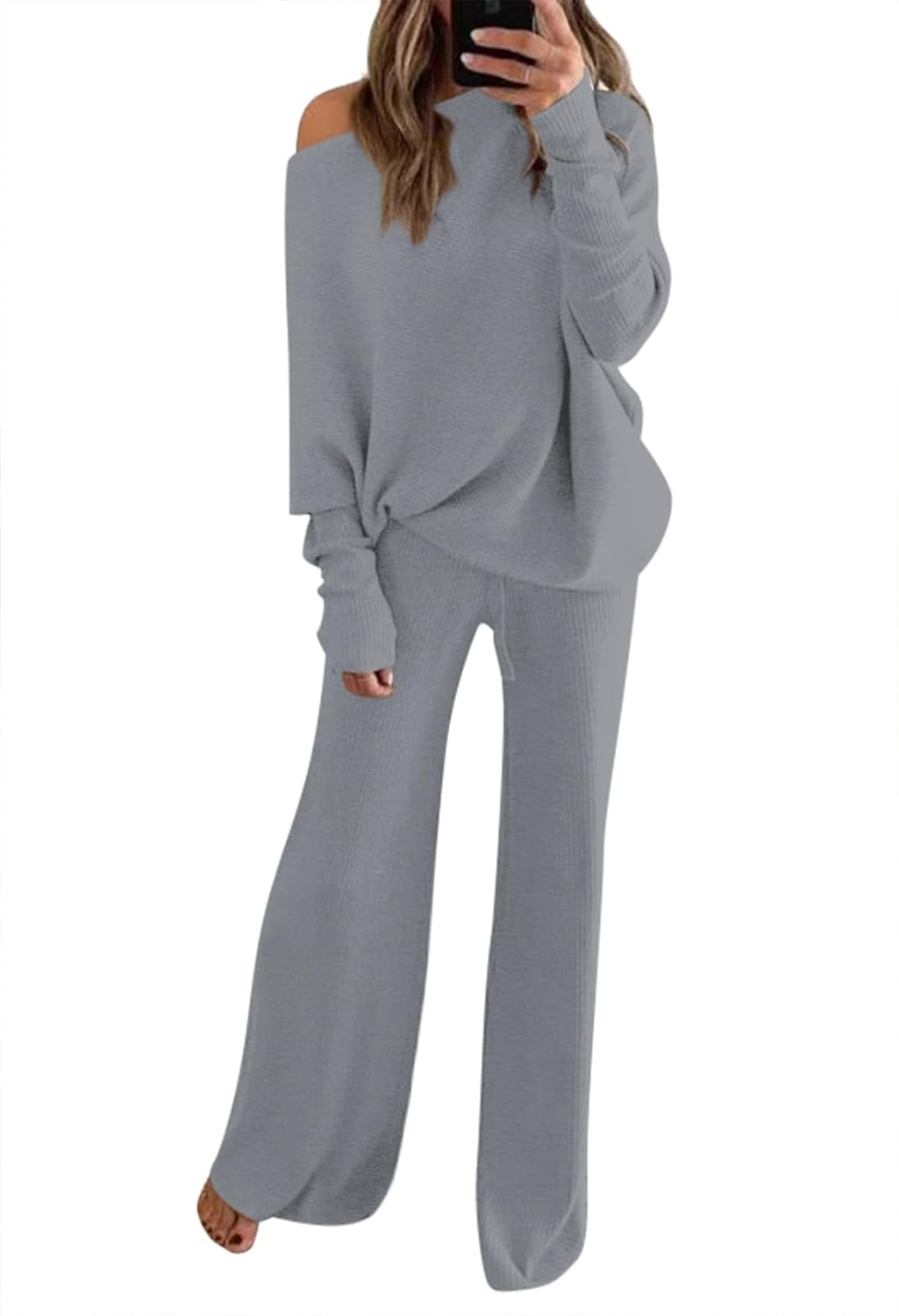 LaSuiveur Women's 2 Piece Outfits Sweater Set Long Sleeve Knit Pullover Wide Leg Pants Sweatsuit Lounge Set X-Large Grey