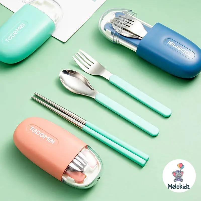 Image of Stainless Steel Travel Cutlery Set | Portable Fork, Spoon & Chopsticks with Case | Reusable Picnic & Camping Utensils | Easy to Clean Detachable Design for Office, School & Travel