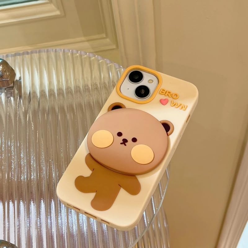Image of COVERLY for iPhone 15 3D Teddy Bear Mirror Cartoon Stand Case,Premium Silicone Case Full Protective Cute Feel Love with Phone Holder Cool Makeup Mirror Cute Kawaii Aesthetic Cover for Apple iPhone 15