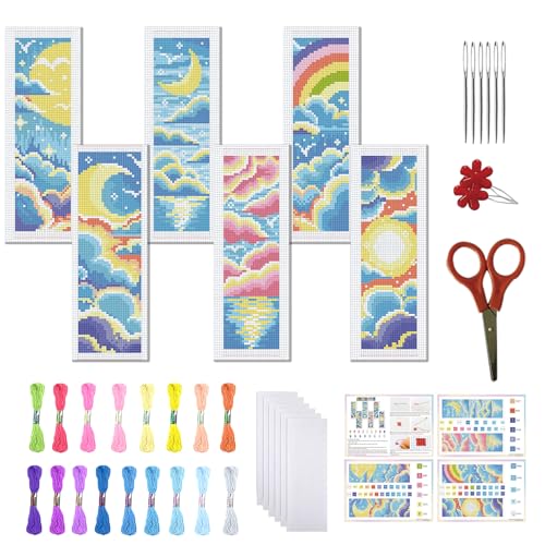 Image of FREEBLOSS 6 Set Cross Stitch Bookmark Kit Stamped Cross Stitch Kit Fantasy Clouds Theme Embroidery Set with Instruction for Adults 8''*2.4''
