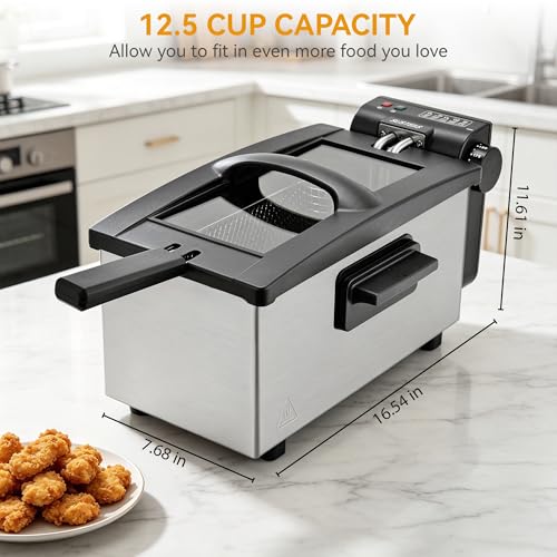 Image of SUSTEAS 2.7QT /3 Liter Electric Deep Fryer,Oil Fryer with Removable Frying Basket,1500W, Lid with Viewing Window, Timer Control and Adjustable Temperature, Perfect for Kitchen, Stainless Steel
