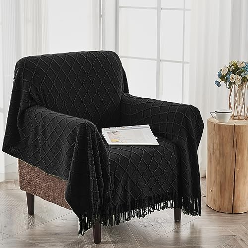 inhand Knitted Throw Blankets for Couch and Bed, Soft Cozy Knit Blanket with Tassel, Black Lightweight Decorative Blankets and Throws, Farmhouse Warm Woven Blanket for Men and Women, 50"x60"