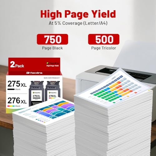 275XL 276XL Ink Cartridges Compatible for Canon 275 XL 276 XL Ink Cartridges PG-275XL CL-276XL for PIXMA TS3720 TS3522 TS3520 TS3500 PIXMA TR4720 TR4722 TR4700 Printer (1Black 1Color)