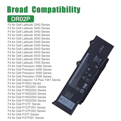 Image of DR02P Laptop Battery Replacement for Dell Latitude 5350 5440 5450 5540 5550 7455 3340 3440 3450 3540 3550 5340 Precision 3480 3490 3580 3590 Series 02X1V9 2X1V9 RXF9T 803W6 WYJ45 11.4V 54Wh