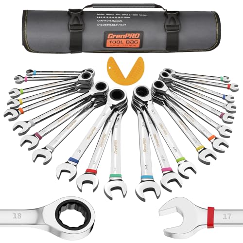 Image of GRENPRO 23PC Ratcheting Combination Wrench Set SAE Metric Mechanic Tools | 1 /4 inch-3 /4 inch&6-18MM with Bolt Gauge, CR-V Steel 72-Tooth 5-Degree Swing 12Pt, Color Rings, Roll Pouch for Auto & Home Repair