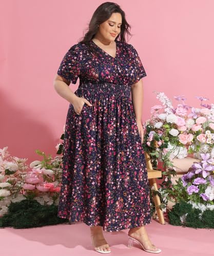Image of CARCOS Plus Size Dresses for Curvy Women V Neck Summer Maxi Dress Short Sleeve Floral Boho Dress Smocked Waist Beach Dress