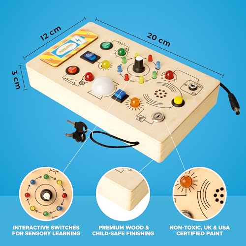 Image of Light Lab Wooden Montessori Busy Board with Lights & Switches | Sensory Learning Toy with Number Sounds | Educational Wooden Toy for Toddlers 1-3 Years | Interactive Sound & Button Activity