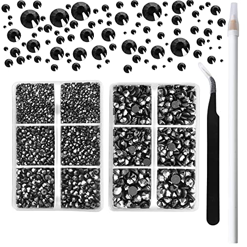 AARDWO 6616pcs Hotfix Rhinestones 5 Sizes Flat Back Nail Gems Nail Diamonds with Tweezers and Picking Rhinestones Pen for Crafts Nails Clothes Decoration(Hematite Black)