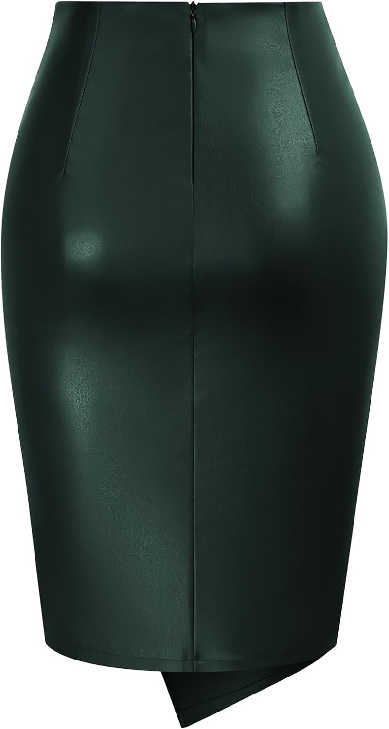 Kate Kasin Women's Faux Leather High Waist Wrap Knit Bodycon Midi Skirt for Business Casual Pencil Skirt