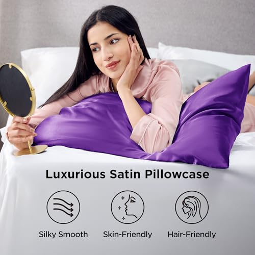 Image of Bedsure King Size Satin Pillowcase Set of 2 - Purple Silky Pillow Cases for Hair and Skin with Envelope Closure, Similar to Silk Pillow Cases, Gifts for Women Men, 20x36 Inches, 2pcs