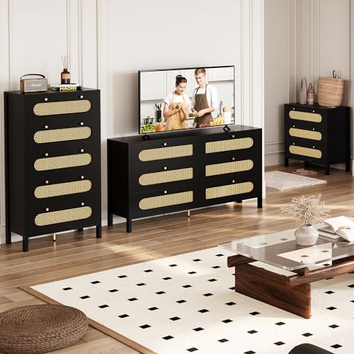 GOOBED Natural Rattan 5 Drawer Dressers Wooden Chest of Drawers with Golden Handles - Modern Large Boho Dressers Storage Cabinet for Living Room Hallway/Entryway Black