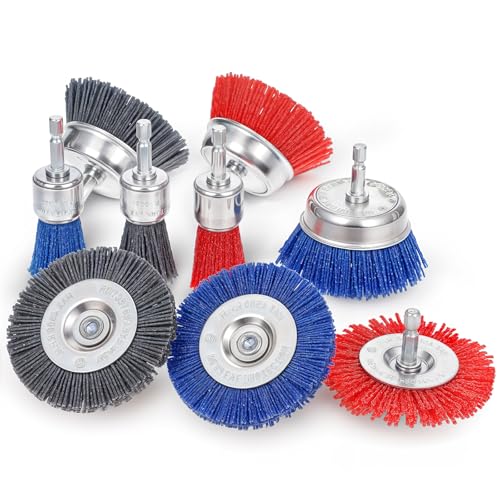 Image of 9 Pack Nylon Filament Brush, Abrasive Wire Brush Wheel & Cup Brush Set, Drill Bit Sanding Brush with 1 /4 inch Hex Shank for Steel Rust Removing, Grill Cleaning, Flaking Paint Refinishing