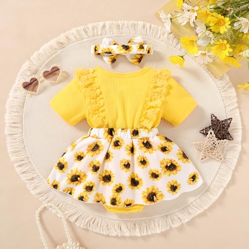 Infant Baby Girl Summer Outfits Lace Ruffle Short Sleeve Ribbed Romper Dress with Headband 1-18 Months3