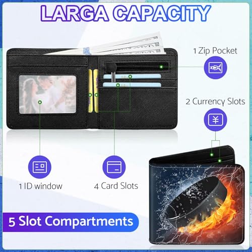 Image of Boys Wallet for Kids, Cool Kids Wallet for Boys Ages 8-10 9-12 11-15, Funny Ice Hockey Leather Bifold Rfid Blocking, Coin Pocket Id Window for Teen Men Youth Guys Birthday Christmas Gifts