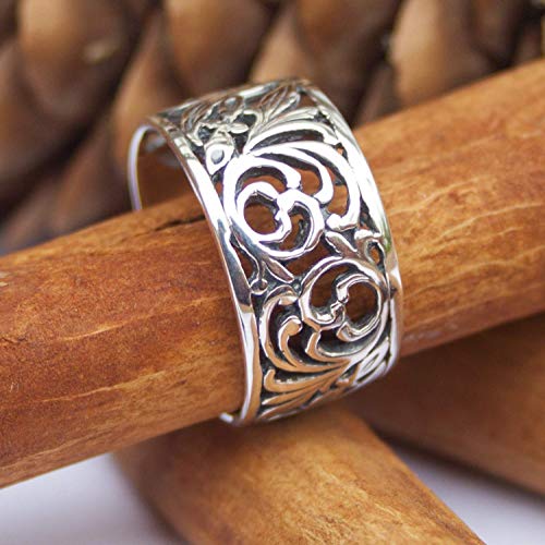 Norwegian Rosemaling Ring - Sterling Silver Floral Filigree Band Rings - Wide Vintage Style Wedding Bands Plus Size - Norse Nordic Jewelry for Women - Handmade2