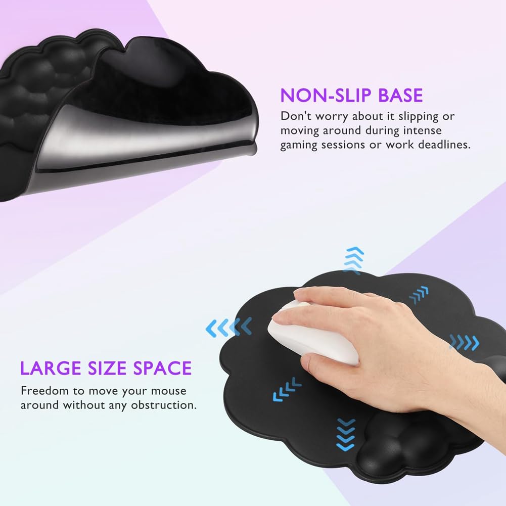 Kit Repose-Poignet Cloud Repose-Poignet Ergonomique pour Clavier, Souris, Repose-Poignet pour Ordinateur de, Base Antidérapante, Facile à Utiliser, Noir
