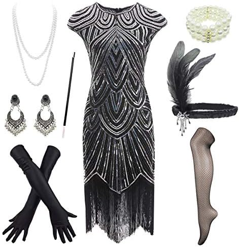 FUNDAISY1920s Flapper Dress Roaring 20s Great Gatsby Fringed Sequin Dress Accessories Set