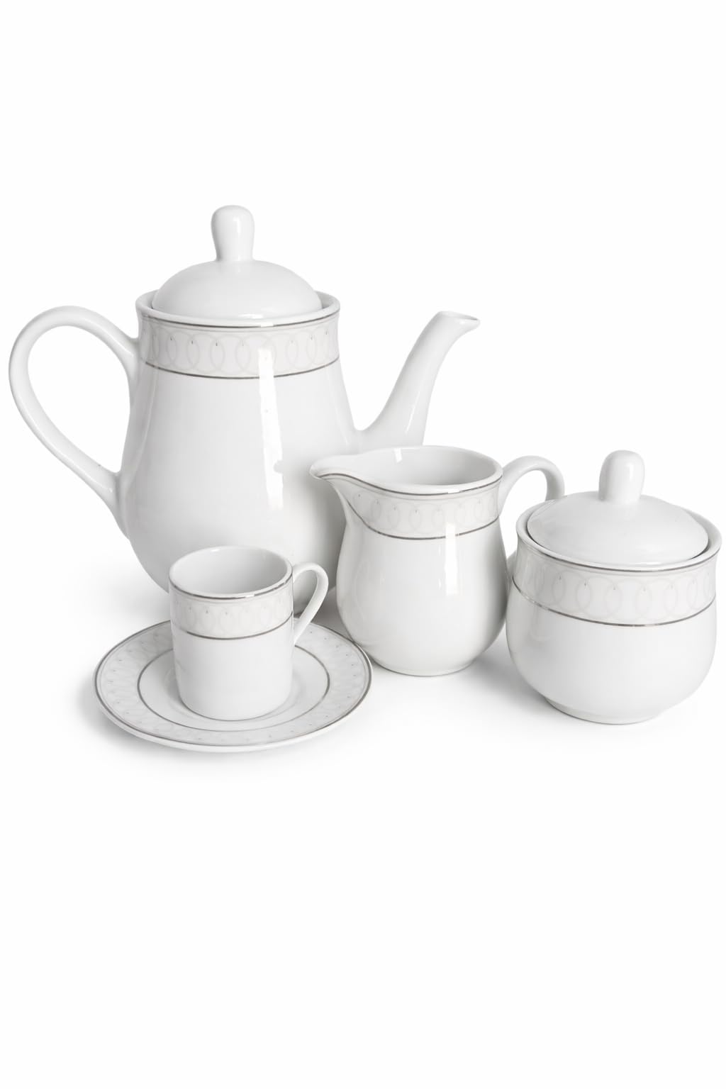 Generico Servizio Caffè Dorica 27 Pezzi in Porcellana Bianca – 12 Tazzine con 12 Piattini + Caffettiera, Lattiera e Zuccheriera – Set Elegante con Decoro Argento
