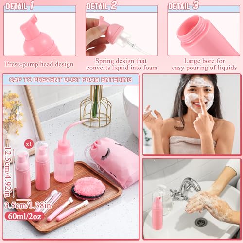 Dansib 60 Pcs Lash Shampoo Brushes Set 10 Lash Shampoo Brushes 10 Mascara Tubes and Wands 10 Foam Pump Bottle 10 Rinse Bottles 10 Makeup Remover Pad 10 Aftercare Drawstring Bag(Pink,10 Pcs)