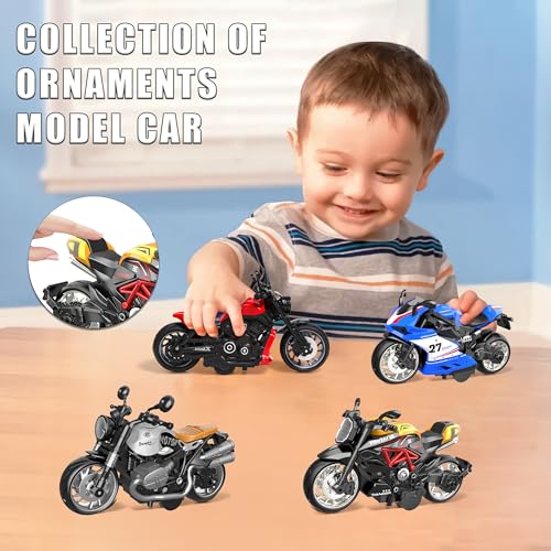 OUFOTAT Pull Back Motorcycle Toys 4 Packs - Die-Cast Alloy Racing Bike Models, No Battery Needed Friction Toys for Kids 3+ Years, Durable Collector Motorcycles for Boys Girls Gift