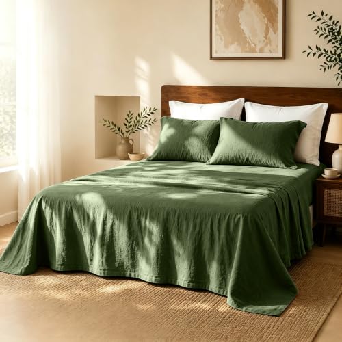 MEISHANG 100% French Linen Sheets King,4 Pcs,18-24" Extra Deep Pocket