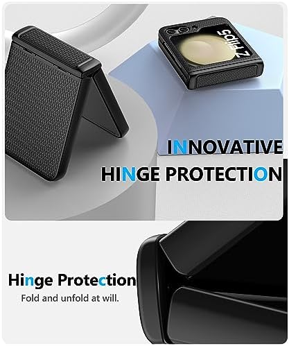 Vihibii for Samsung Galaxy Z Flip 5 Case with Back Screen Protector & Hinge Protection, Slim Fit Non-Slip Stylish Texture Shockproof Rugged Phone Protective Cover Case for Galaxy Z Flip 5 5G, Black