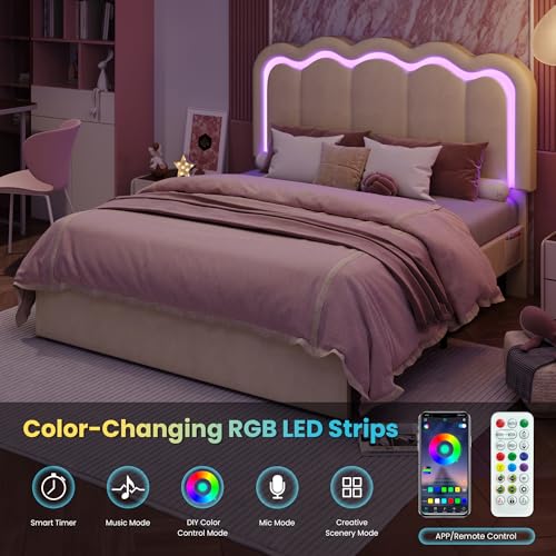 SHA CERLIN Full Size Bed Frame with LED Lights and Storage Drawer, Cream - Image 3