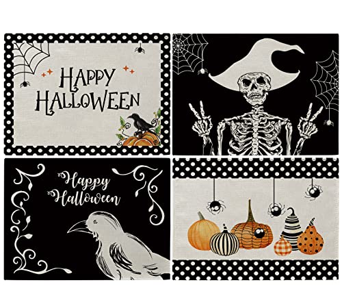 Happy Halloween Placemats 12 X 16 Inch Halloween Skeleton Pumpkin Spider Crow Linen Black Placemats Holiday Reunion Home Kitchen Dining Room Table Decor Set Of 4 #TOP10