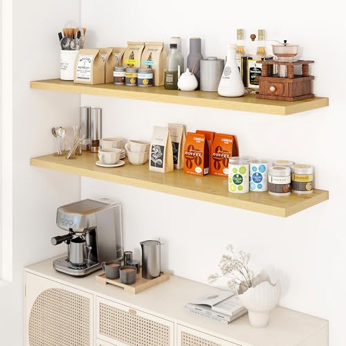 Image of Dreamland 55 inch Floating Shelves for Wall, 12 inch Deep Slim Oak Floating Shelves, Wall-Mounted Shelves for Bedroom, Living Room, Kitchen, Bathroom - Set of 2